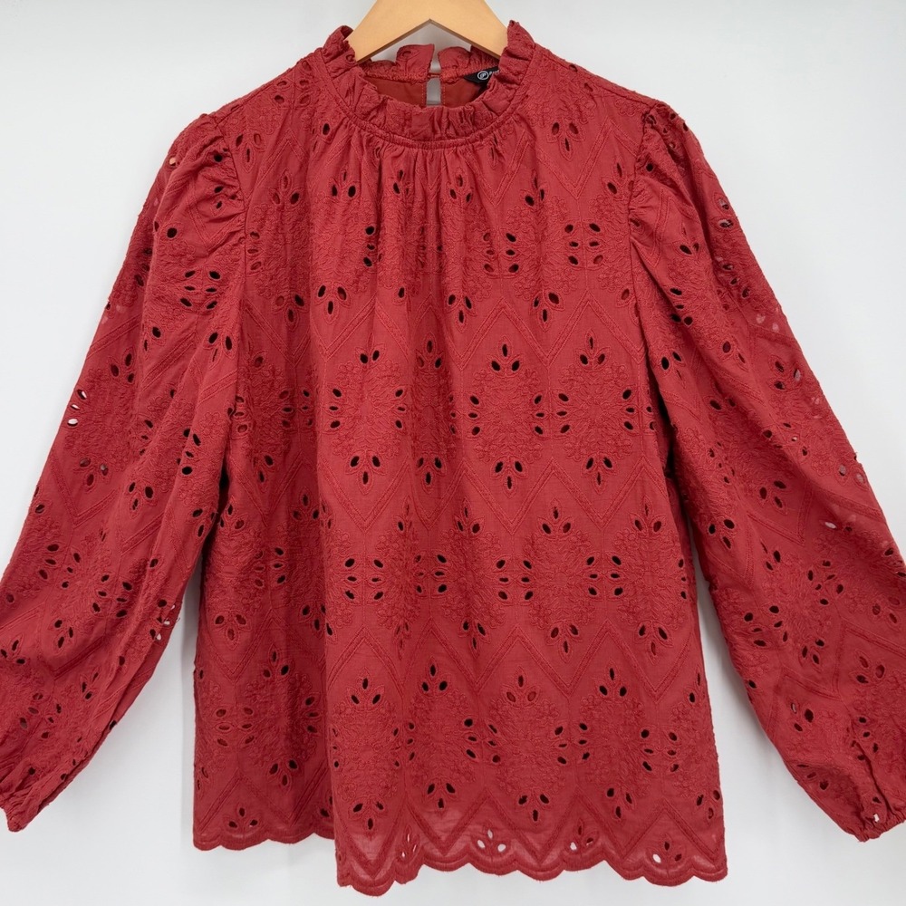PrettyGarden Terracotta Cotton Eyelet Ruffle Neck Balloon Sleeve Fall Blouse XL